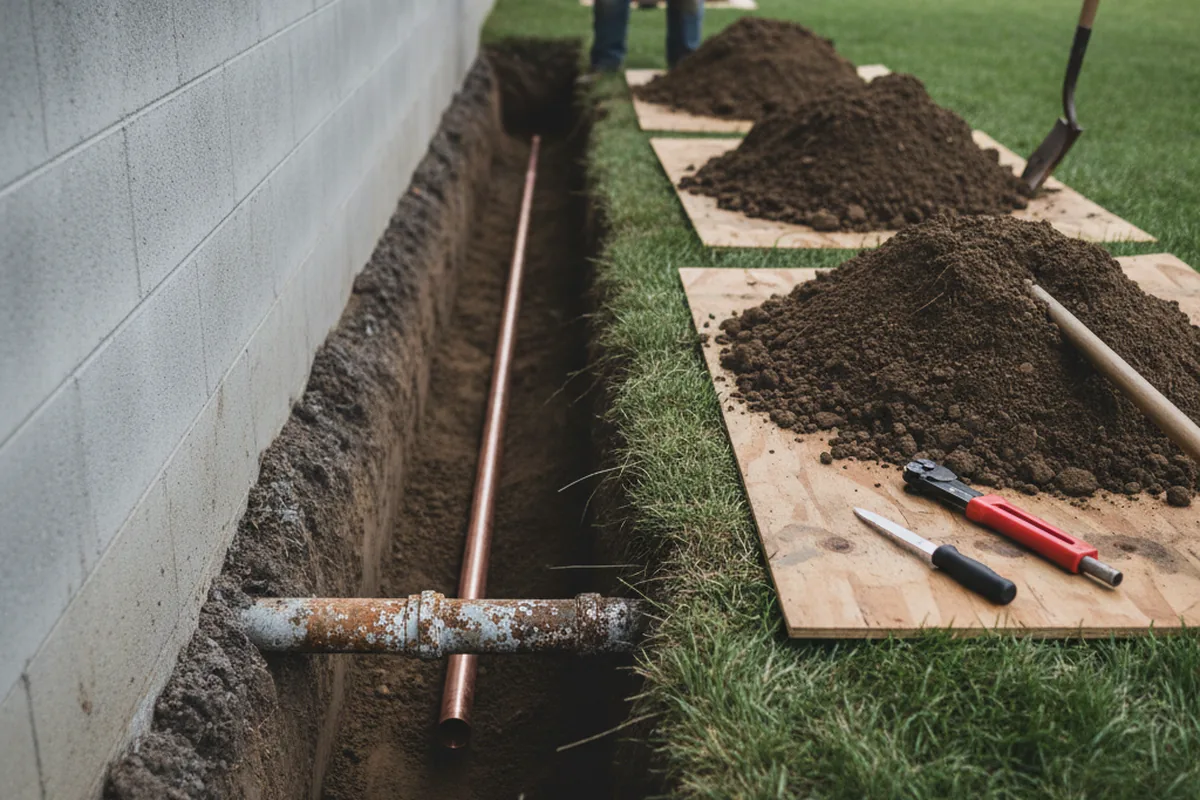 Excavated water line trench during Water Softener Installation in Burfordville